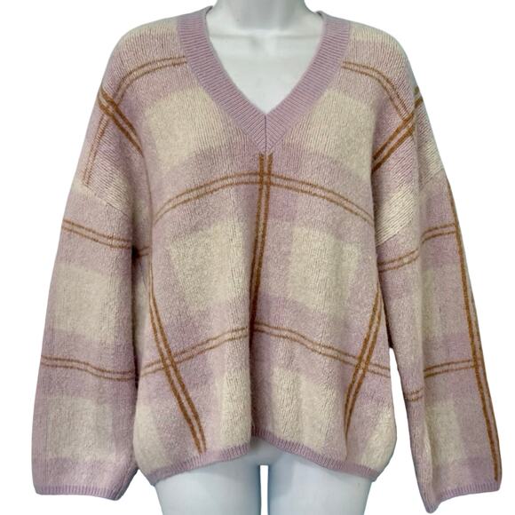 Rails Lilac Purple Brown Cream Colleen Plaid V-Neck Oversize Knit Sweater size M - Picture 1 of 9